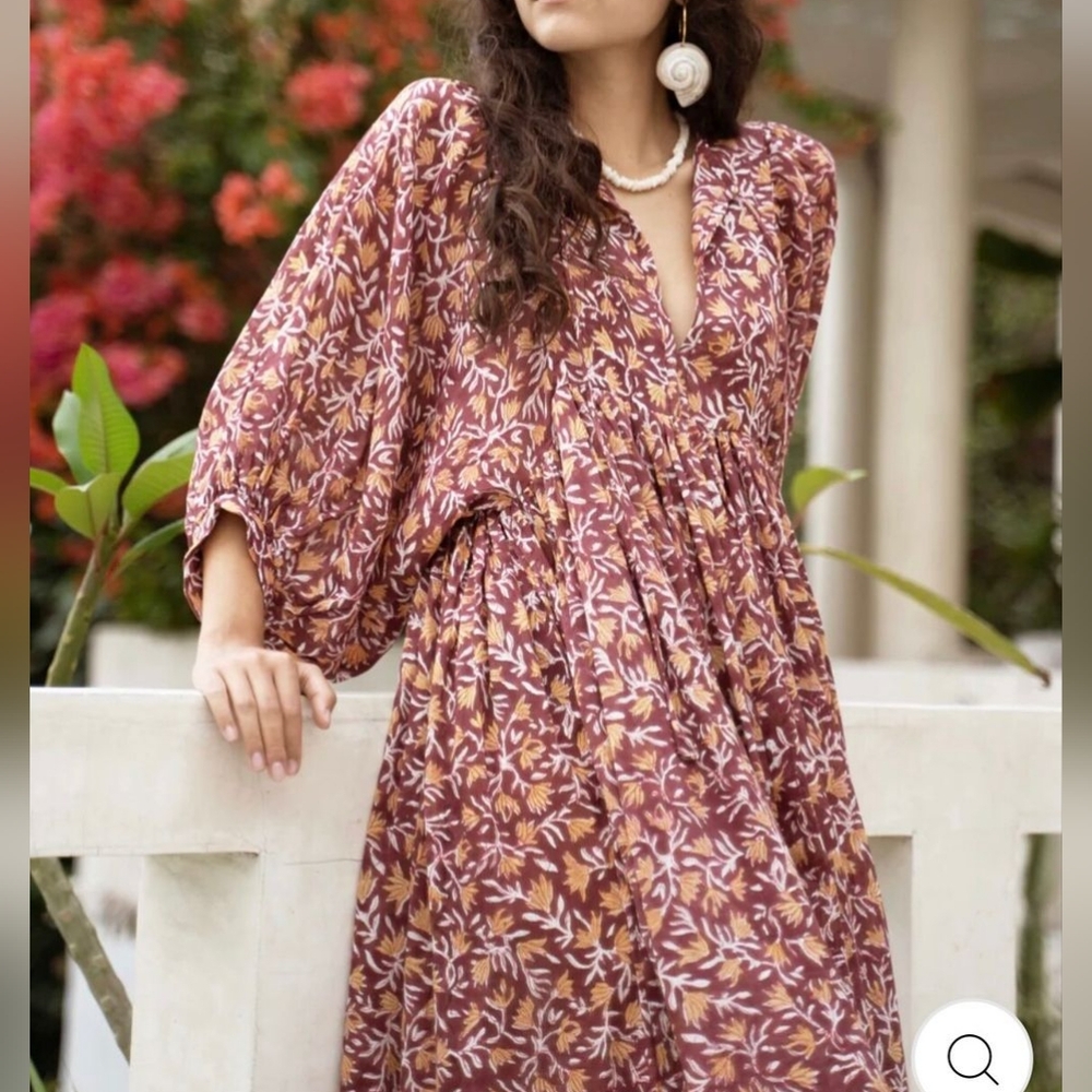 Daughters of India Bohemian Midi Dress in Maroon and Beige